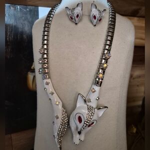 Silver and White Enamel Fox Necklace Set